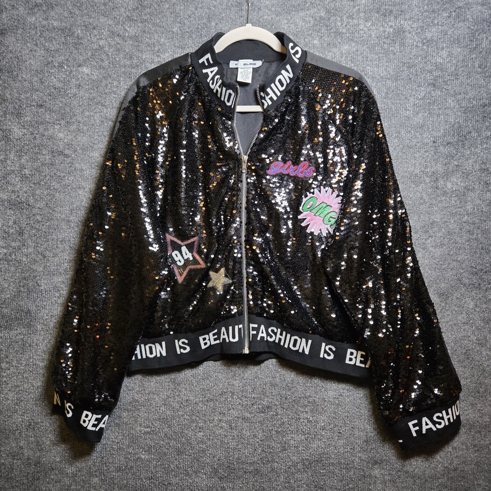 Vtg K Glam Jacket Womens 3XL Black Sequin Zip Pop Art Fashion Is Beautiful Party